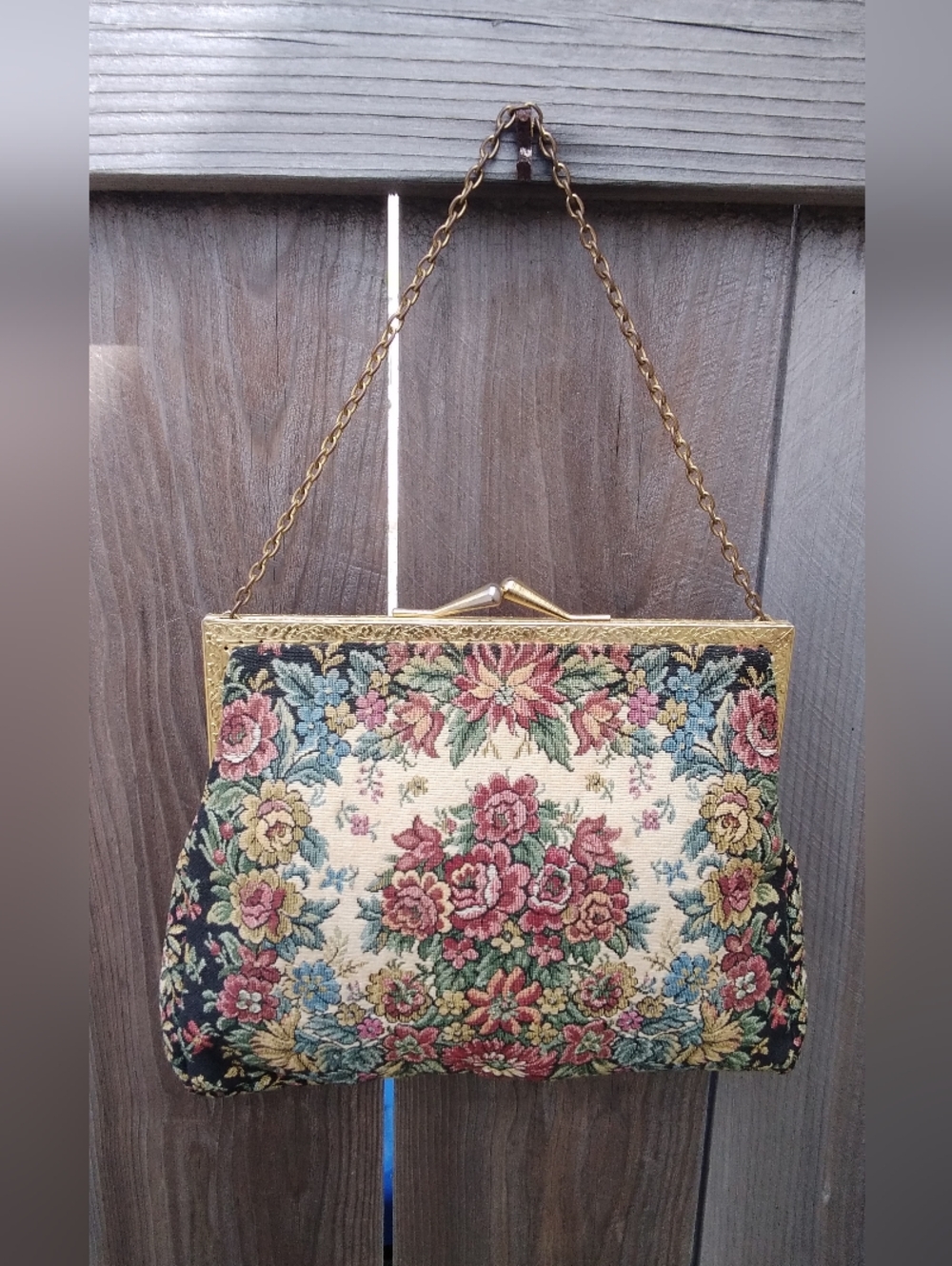 Vintage Tapestry Mini Bag Purse Petit Point Floral Goldtone Chain Antique